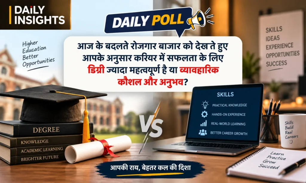 आज के बदलते रोजगार बाजार को देखते हुए आपके अनुसार करियर में सफलता के लिए डिग्री ज्यादा महत्वपूर्ण है या व्यावहारिक कौशल और अनुभव?