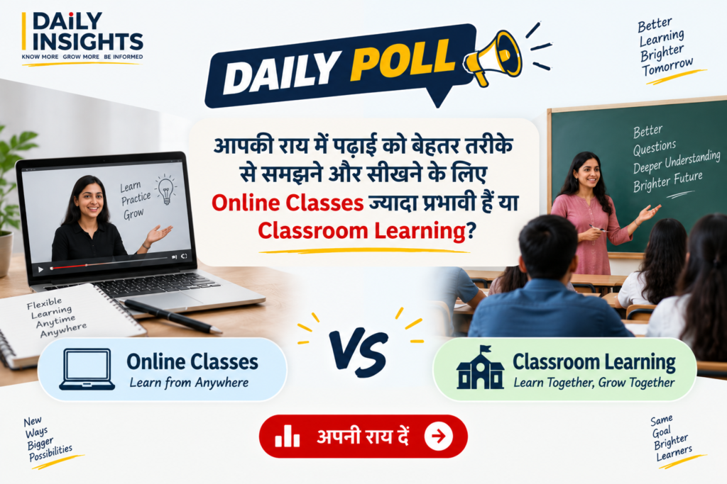 आपकी राय में पढ़ाई को बेहतर तरीके से समझने और सीखने के लिए Online Classes ज्यादा प्रभावी हैं या Classroom Learning?