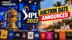 IPL 2027 auction date announced with trophy and Daily Insights logo