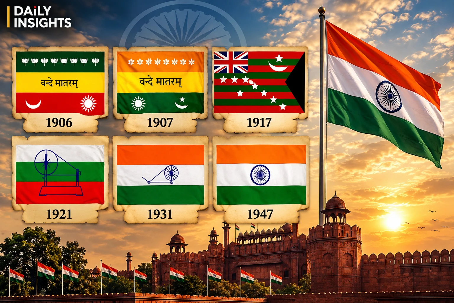 राष्ट्रीय ध्वज का इतिहास दर्शाते 1906 से 1947 तक के भारतीय ध्वज और वर्तमान तिरंगा