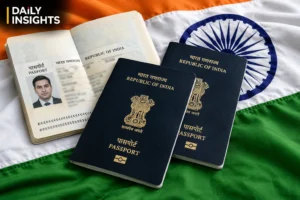 भारतीय पासपोर्ट का इतिहास दर्शाती तस्वीर, जिसमें भारतीय पासपोर्ट और तिरंगे की पृष्ठभूमि दिखाई गई है